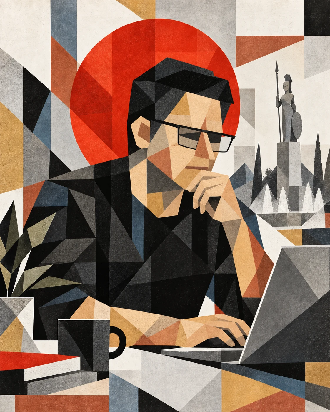Retrato cubista abstracto de Francisco Rodríguez trabajando junto a La Minerva de Guadalajara